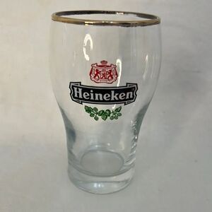 Heineken Logo Beer Glass 10 Oz Gold Trimmed 4 3/4 In Tall 2 In Round Bar Beer